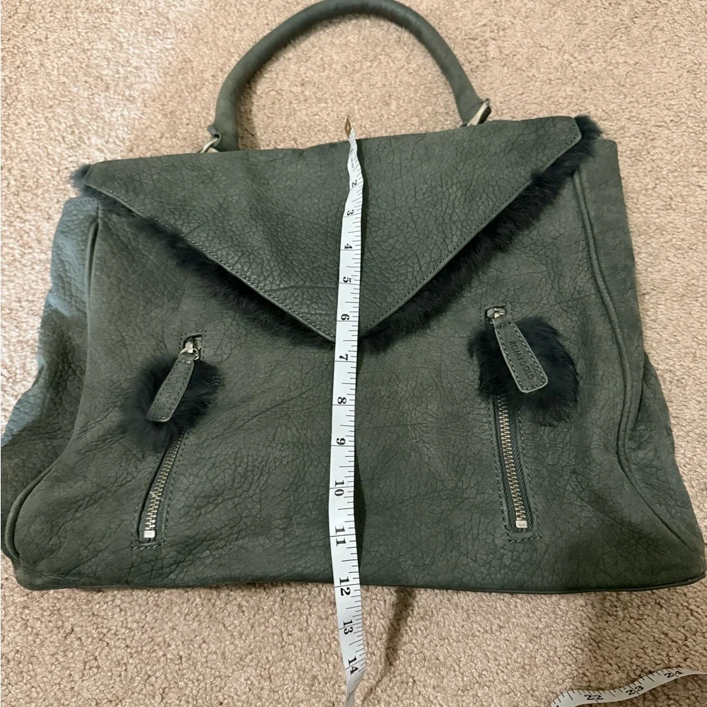 Romy Gold Gray Pebbled Leather Satchel Bag with Fur Trim